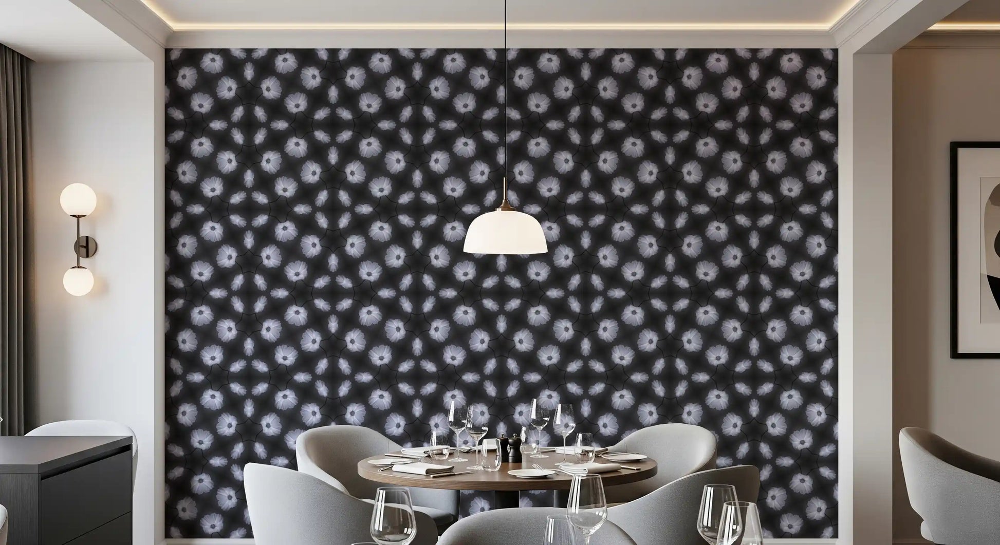 Monochrome Floral Kaleidoscope Wallpaper⁠
