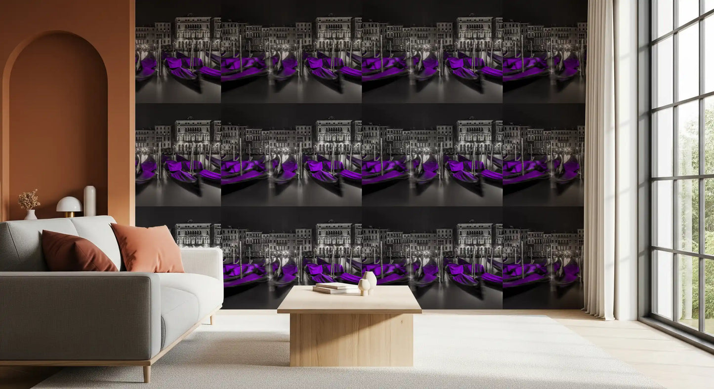Midnight Venice Gondolas in Purple Wallpaper⁠