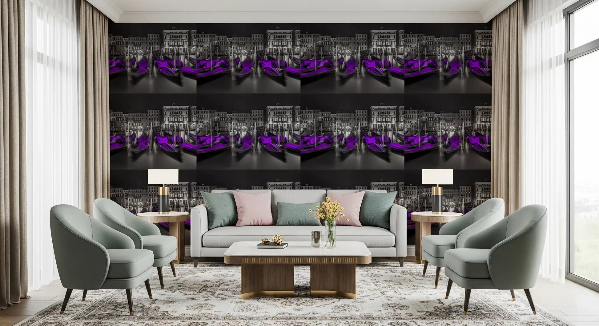 Midnight Venice Gondolas in Purple Wallpaper⁠