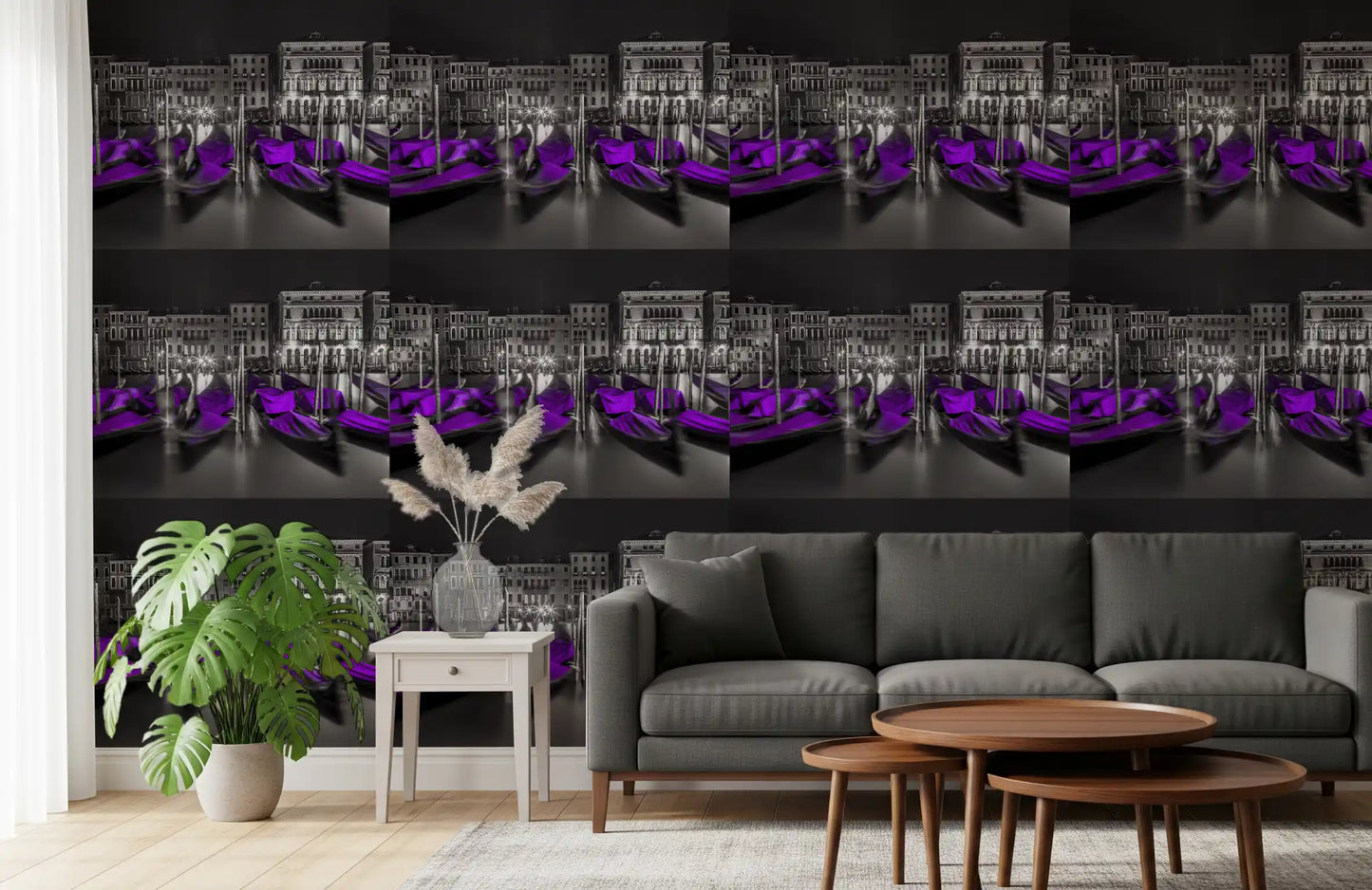 Midnight Venice Gondolas in Purple Wallpaper⁠
