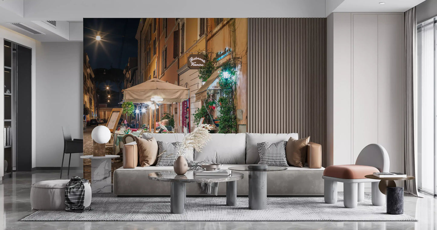 Cobblestone European Evening Bistro Wall Mural