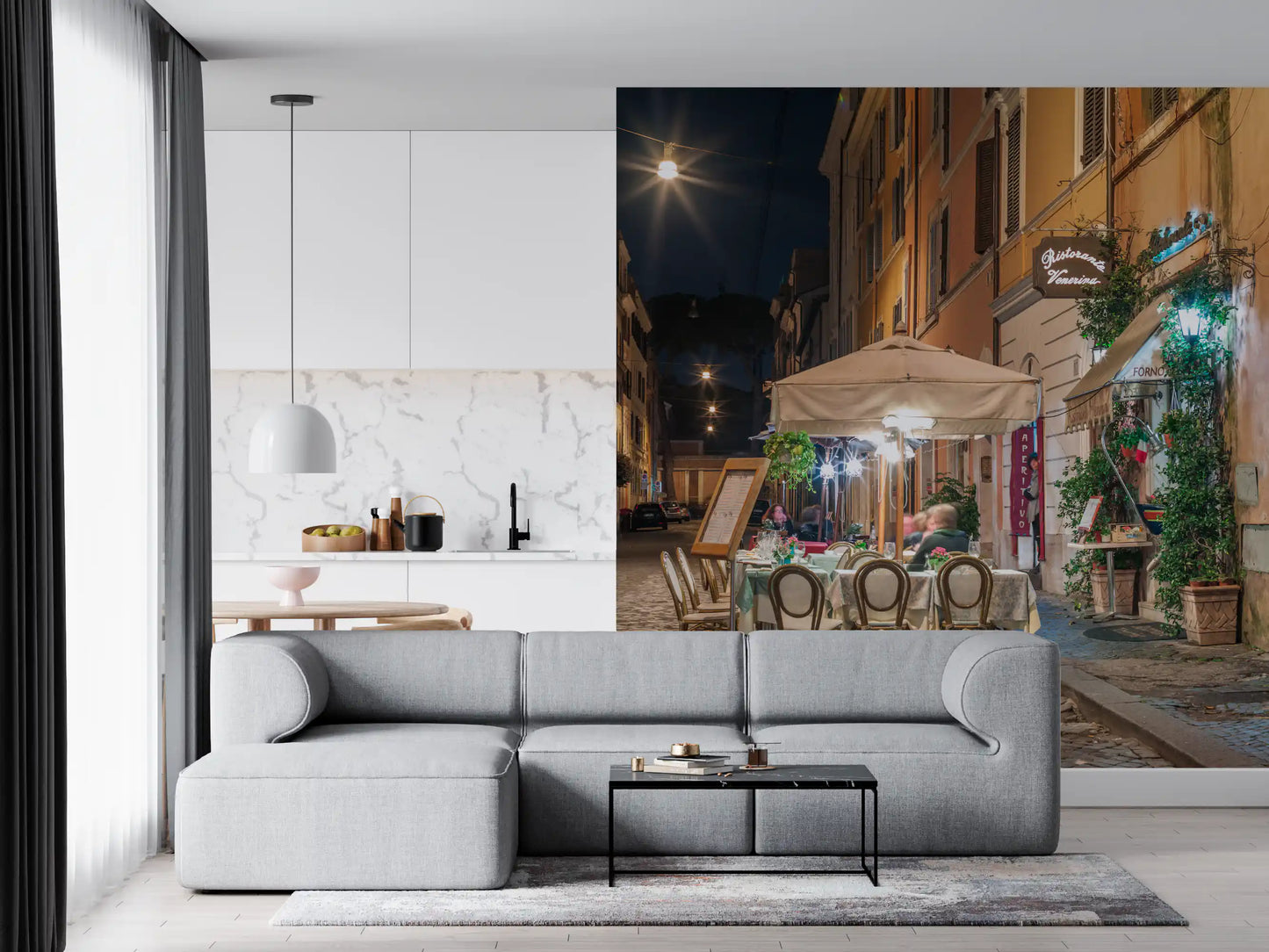 Cobblestone European Evening Bistro Wall Mural