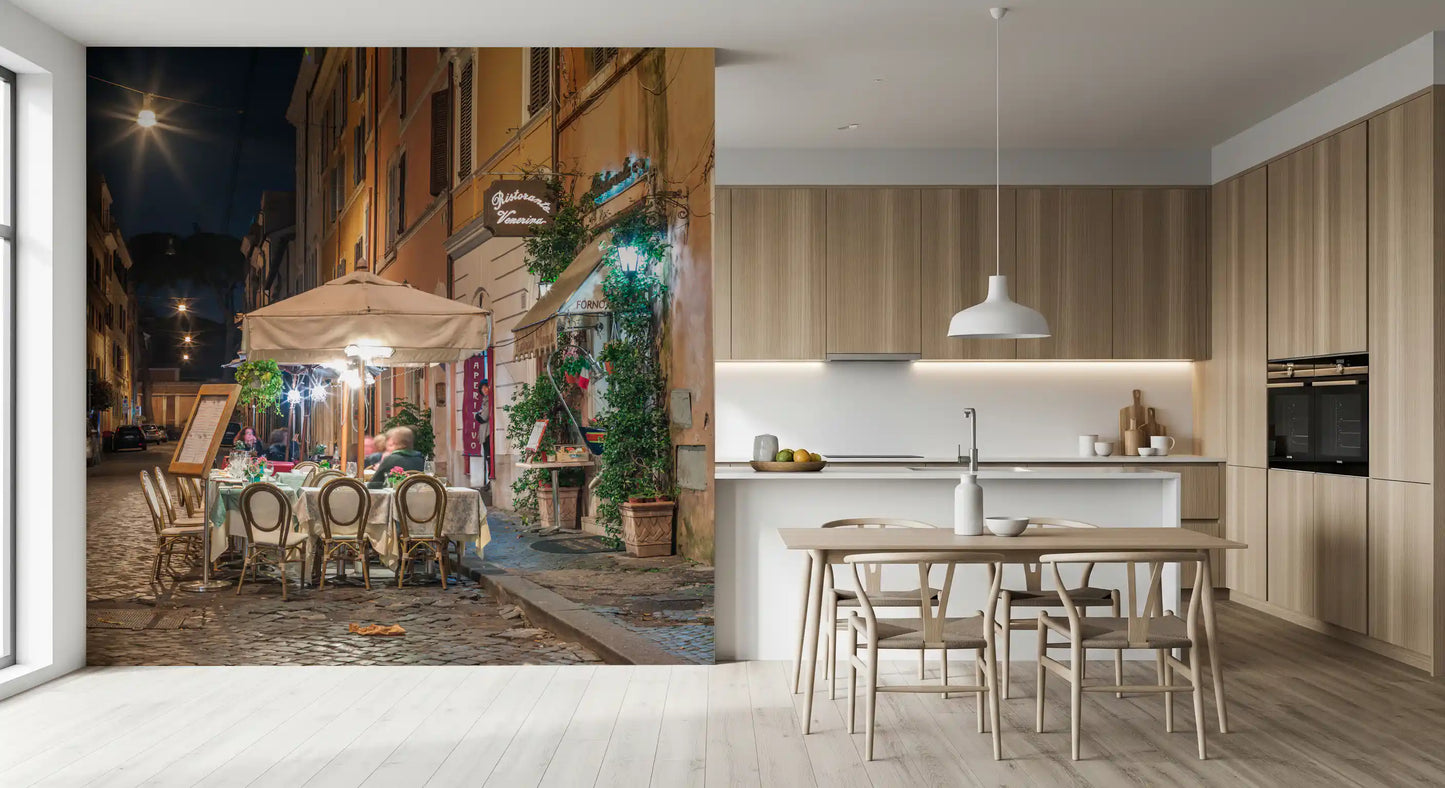 Cobblestone European Evening Bistro Wall Mural