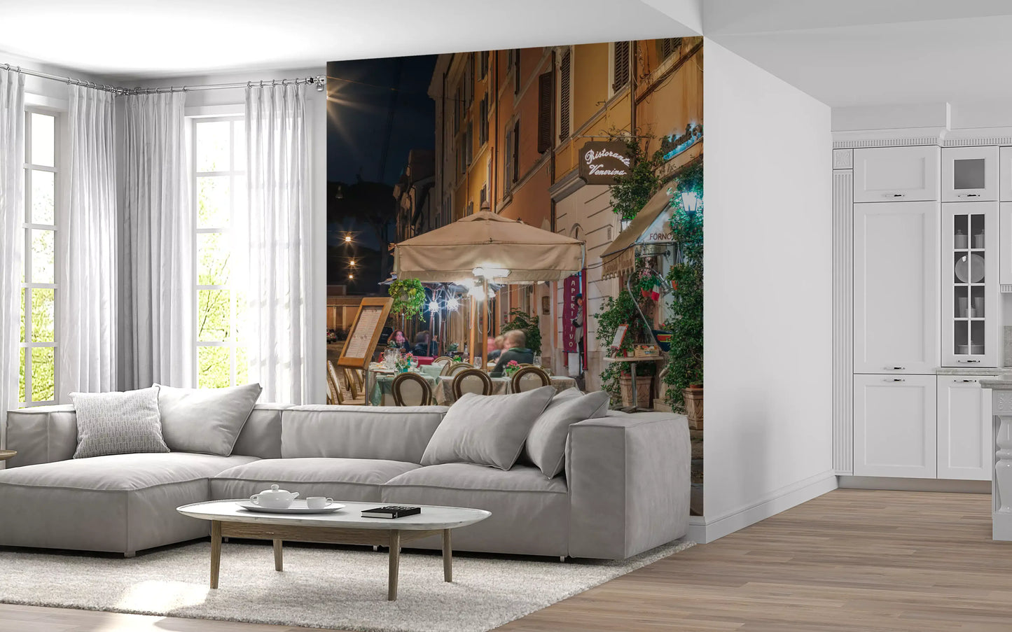 Cobblestone European Evening Bistro Wall Mural