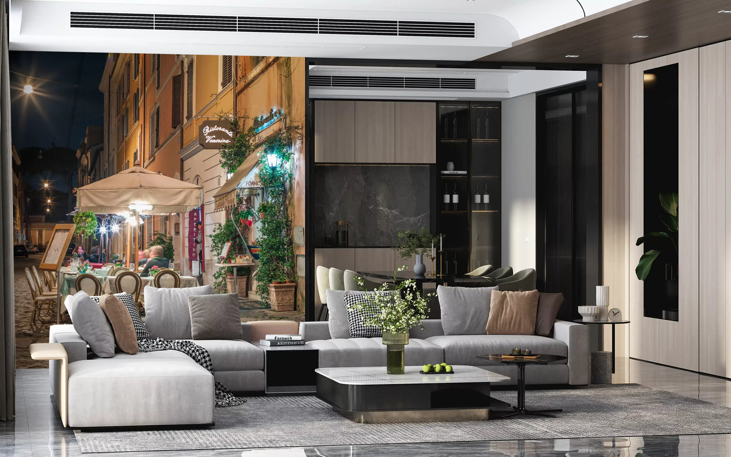 Cobblestone European Evening Bistro Wall Mural
