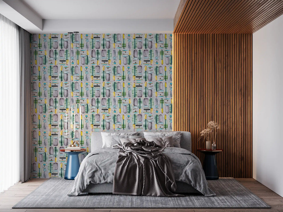 Green abstract mid-century wallpaper on a bedroom feature wall beside wood slat panelling GD12123