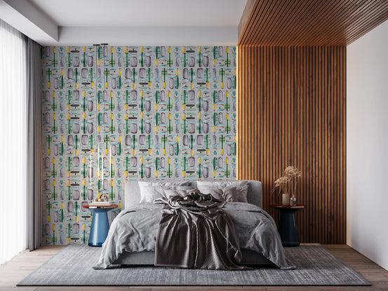 Green abstract mid-century wallpaper on a bedroom feature wall beside wood slat panelling GD12123