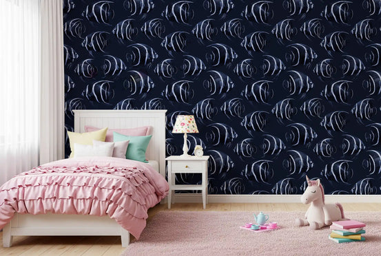 Navy fish wallpaper in a girl's bedroom with a pink ruffled bed GD12125