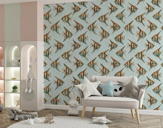 Mint fish wallpaper in a nursery with a small white sofa GD12129
