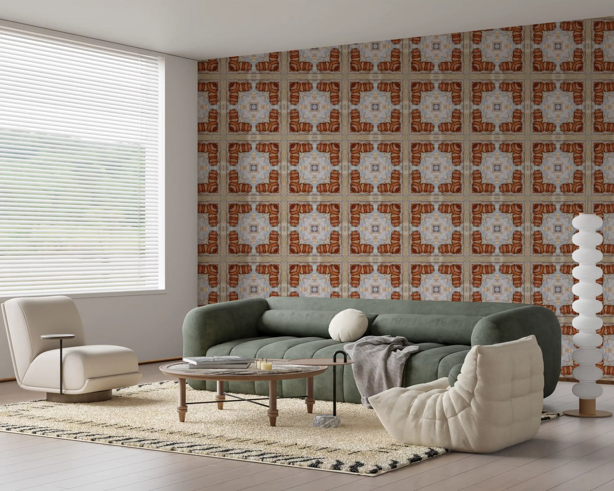 Terracotta mosaic tile wallpaper in a bright living room with green sofa GD12133