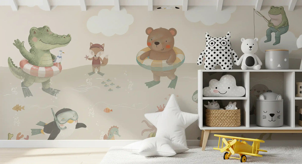 Playful ocean friends kids underwater mural with cartoon sea animals on a cream sea shown in a kids bedroom GD12154