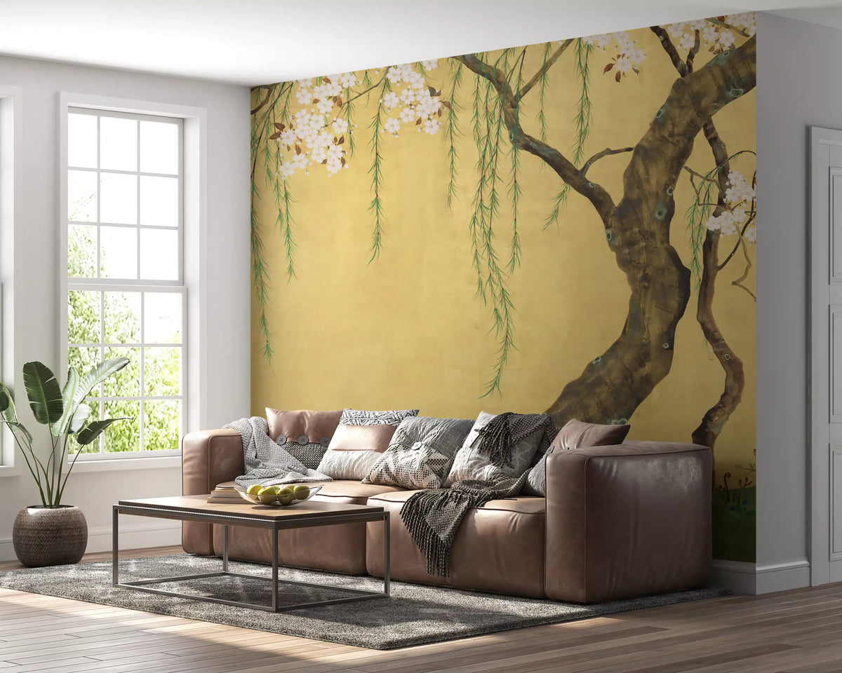 Oriental weeping cherry blossom willow tree mural on a golden sky shown in a living room GD12156