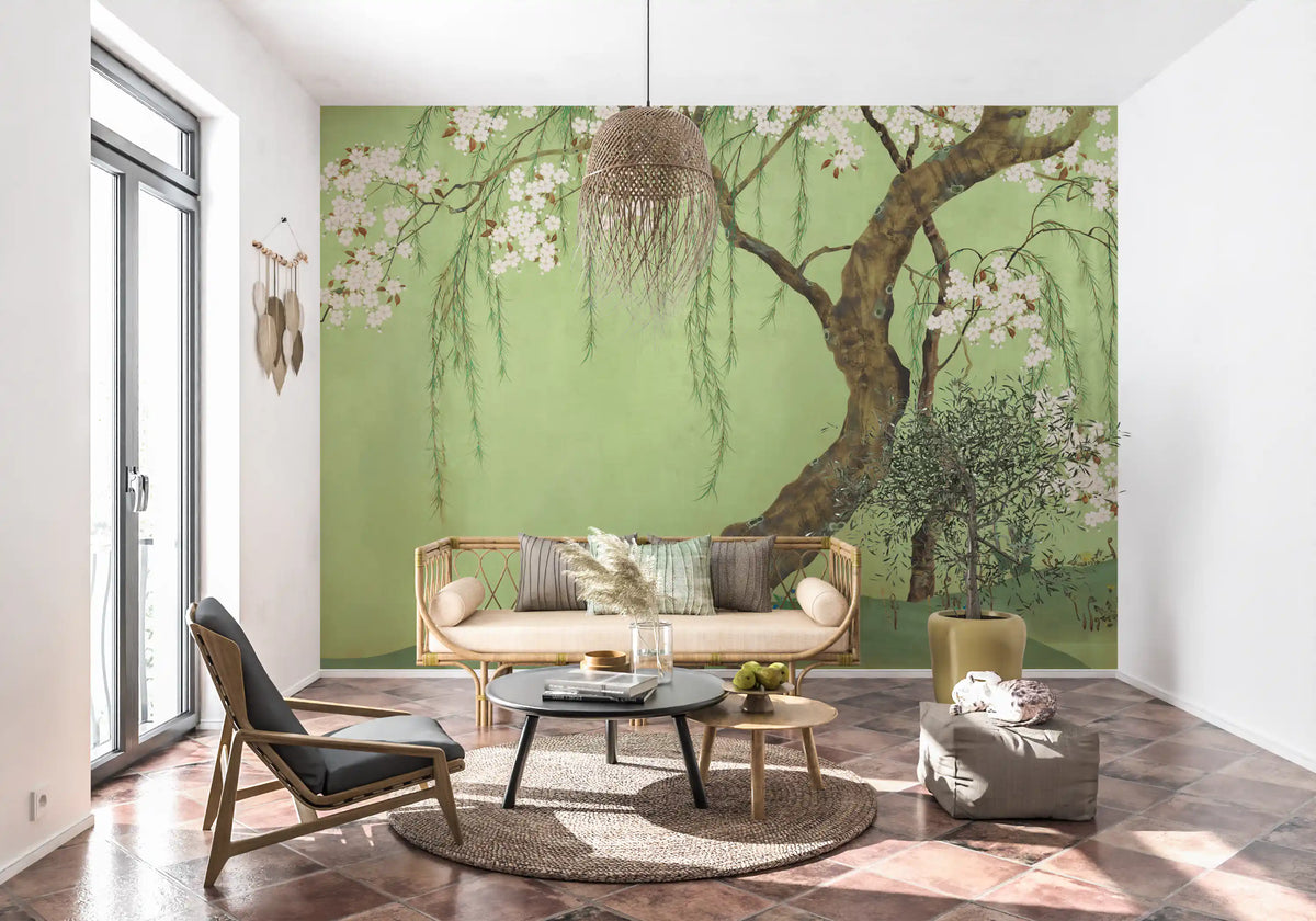 Weeping cherry blossom willow tree mural on a sage green sky shown in a living room GD12157