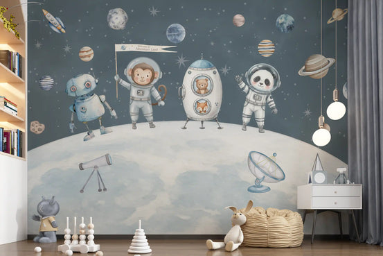 Cosmic friends space mural with animal astronauts, planets and rockets on a starry blue sky shown in a nursery GD12160