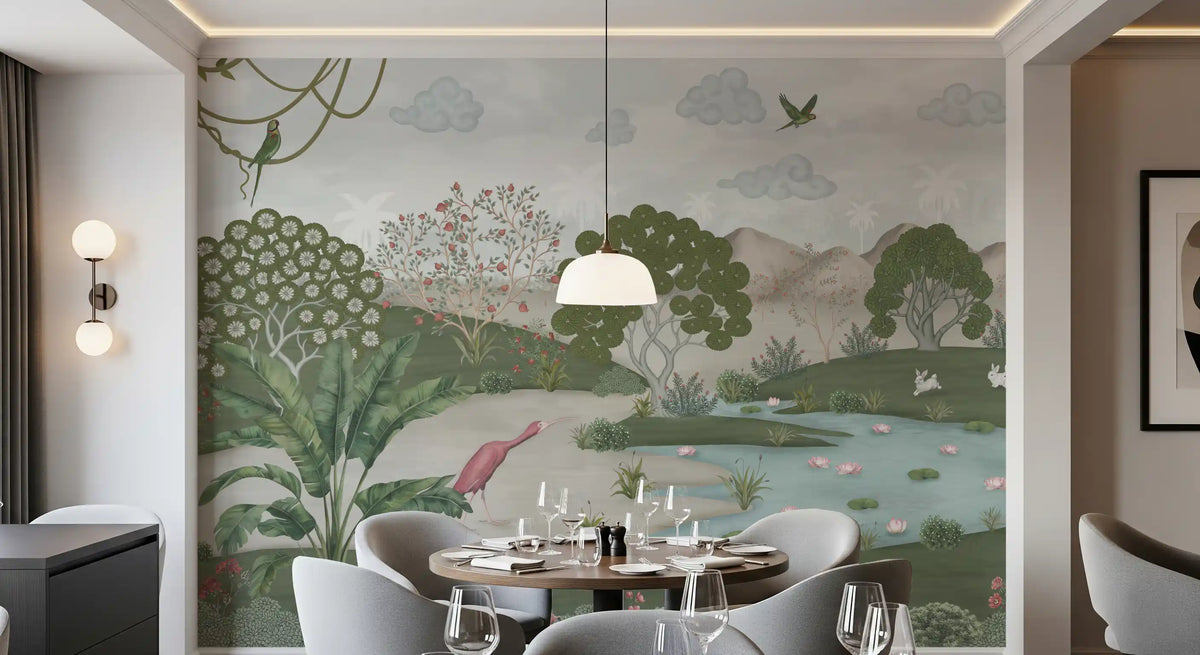 Green jungle river landscape wallpaper mural shown in a dining room GD12164