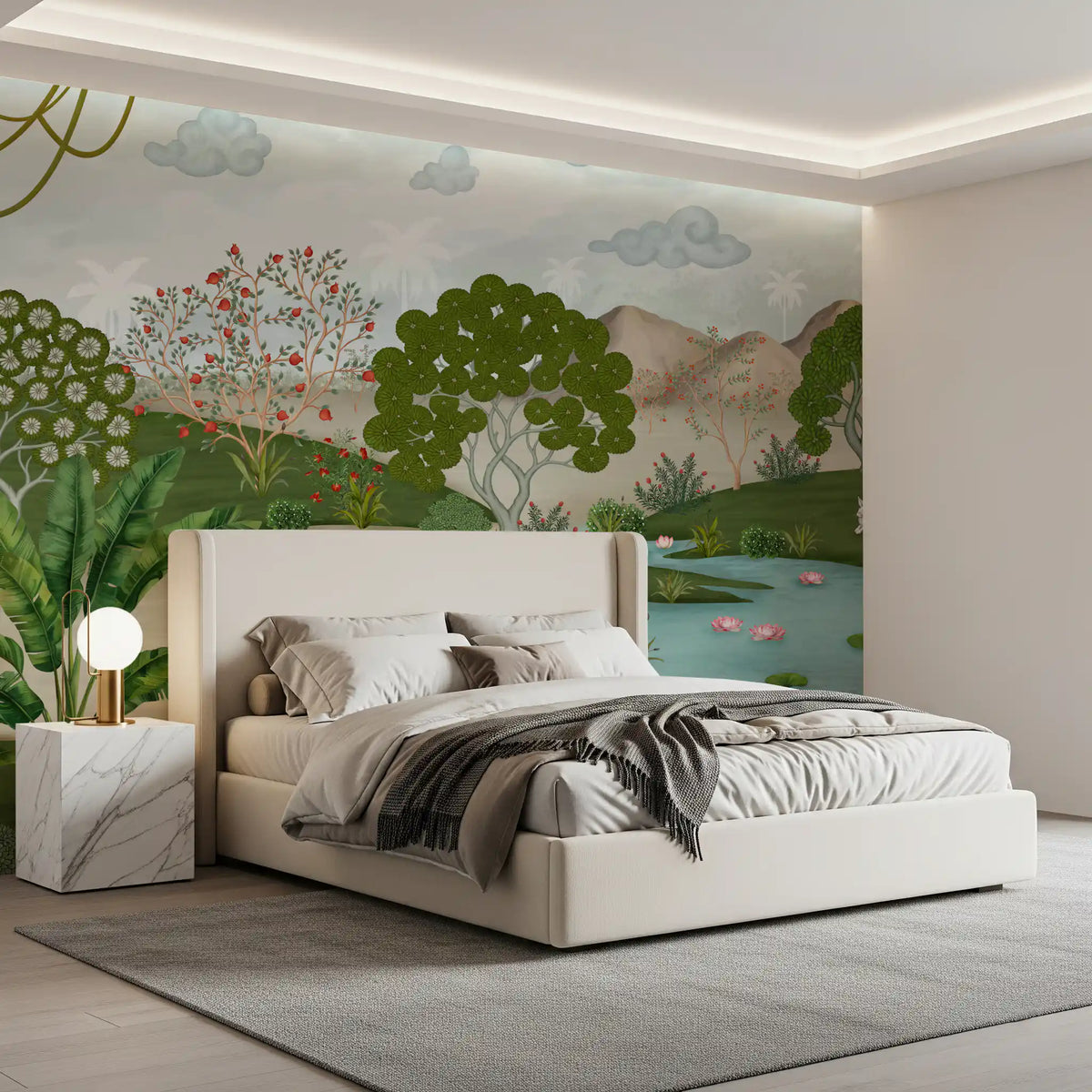 Green riverbank landscape wallpaper mural shown in a bedroom GD12165