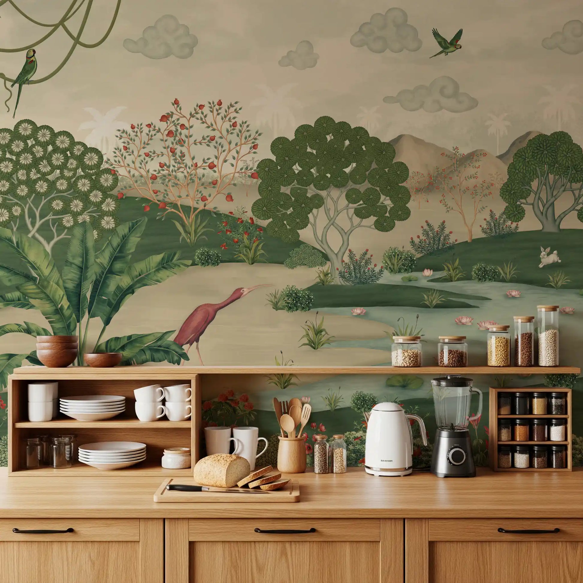 Botanical Heron Meadow Wall Mural