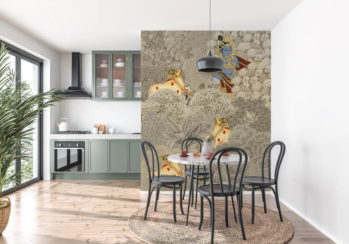 Beige Krishna and cows forest wallpaper mural shown in a kitchen dining area GD12168