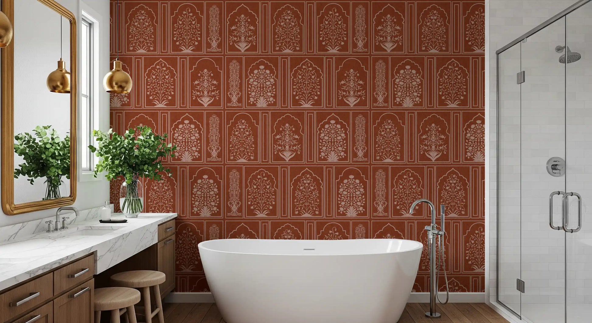 Mughal Terracotta Floral Archway Wall Mural