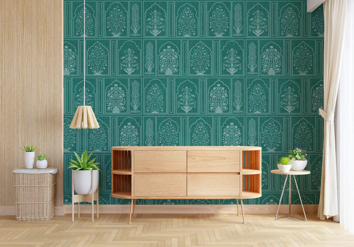 Teal Mughal floral wallpaper in a living room with a wood sideboard GD12179