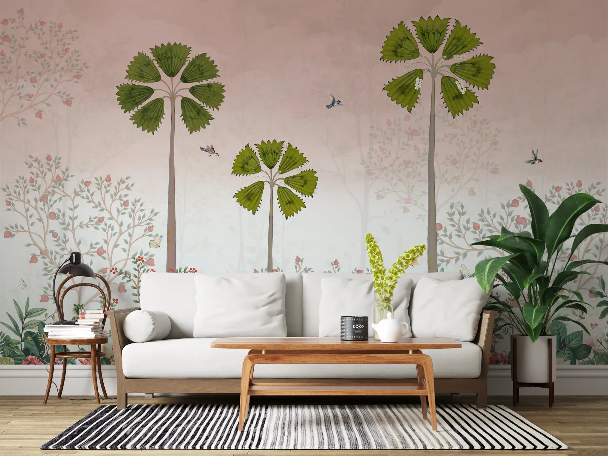 Misty Tropical Palms and Pomegranate Grove Wall Mural