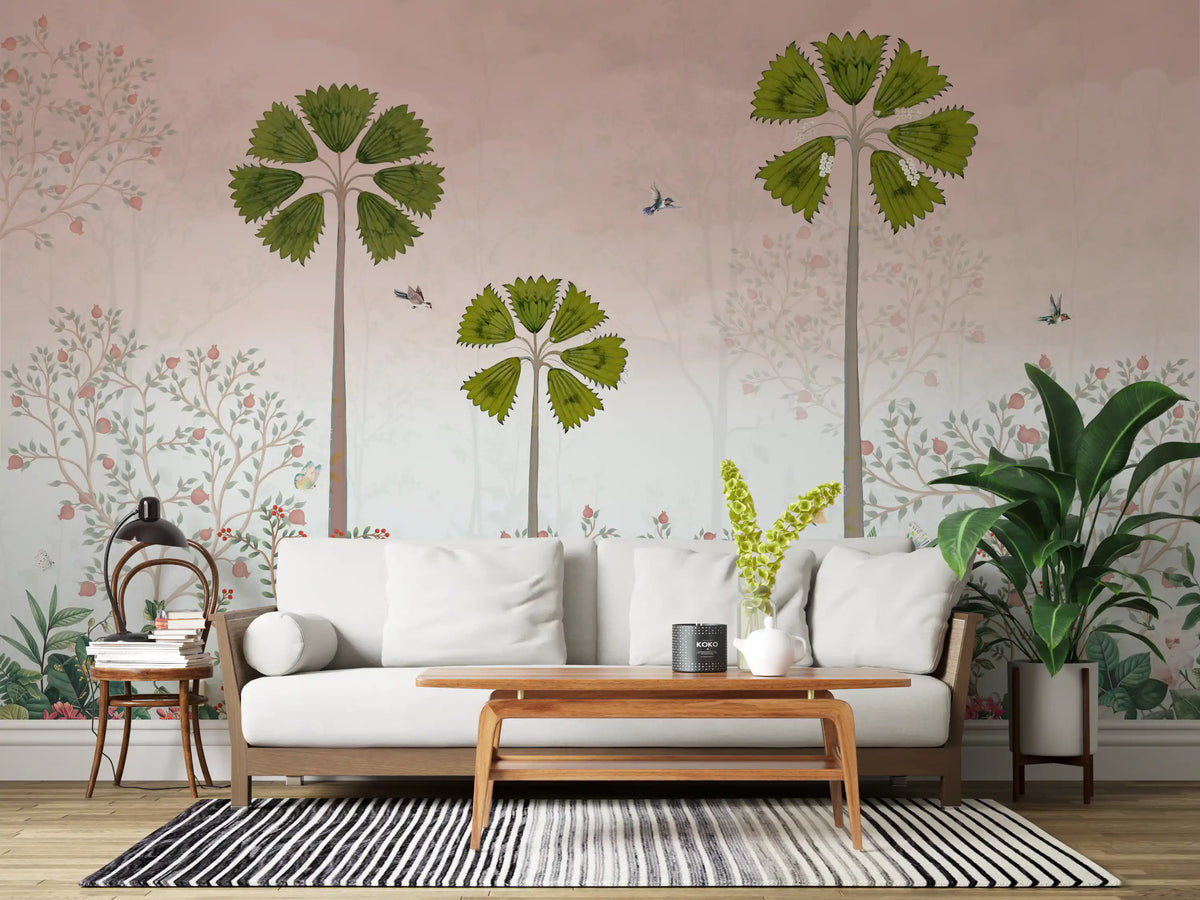 Misty palm grove mural in a living room with a white sofa and wood table GD12181