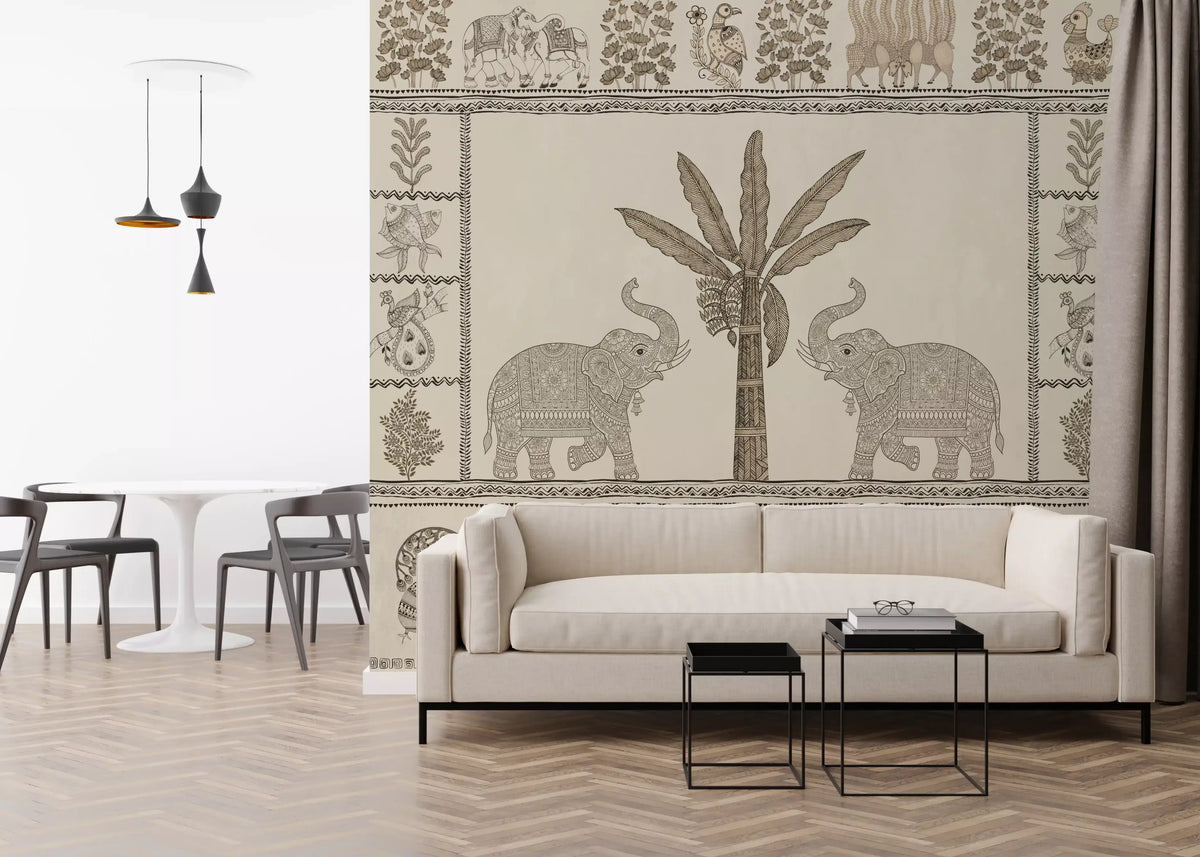 Indian heritage elephant mural on a living room feature wall with a cream sofa GD12182