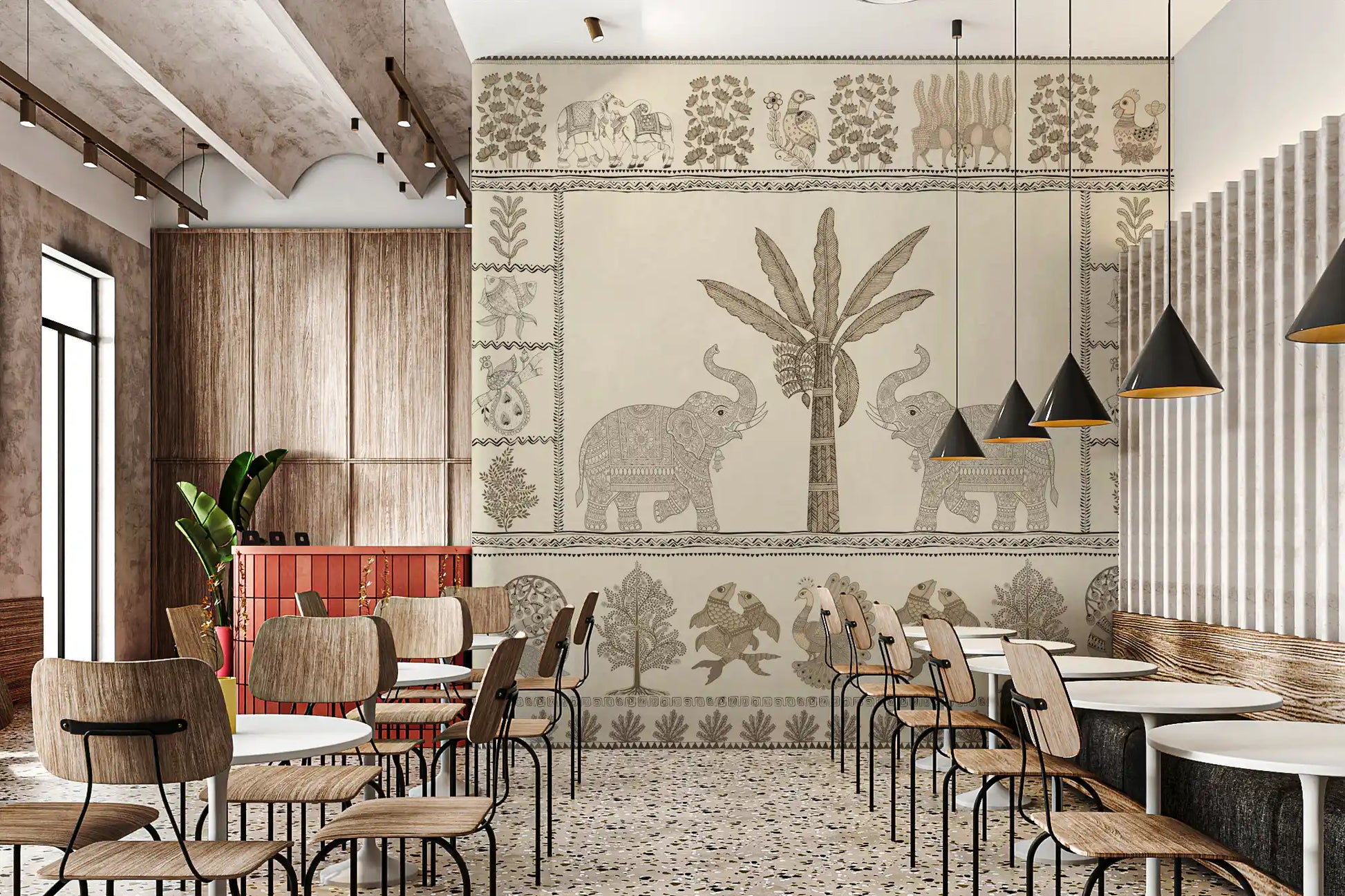 Indian Heritage Elephant and Tree Scene Wall Mural