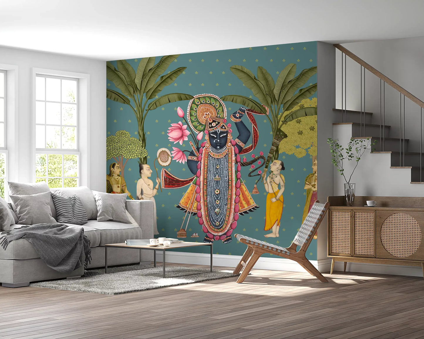 Krishna Divine Garden Illustration Wall Mural