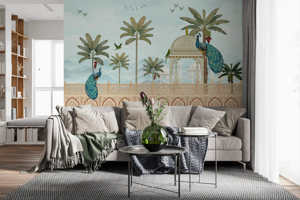 Mughal pavilion peacock mural in a living room with a grey sofa GD12187