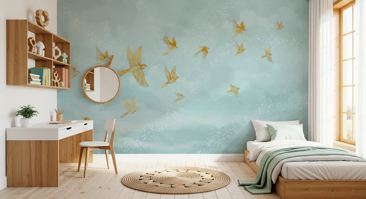 Golden aviary birds mural in a child's bedroom with a study desk GD12188