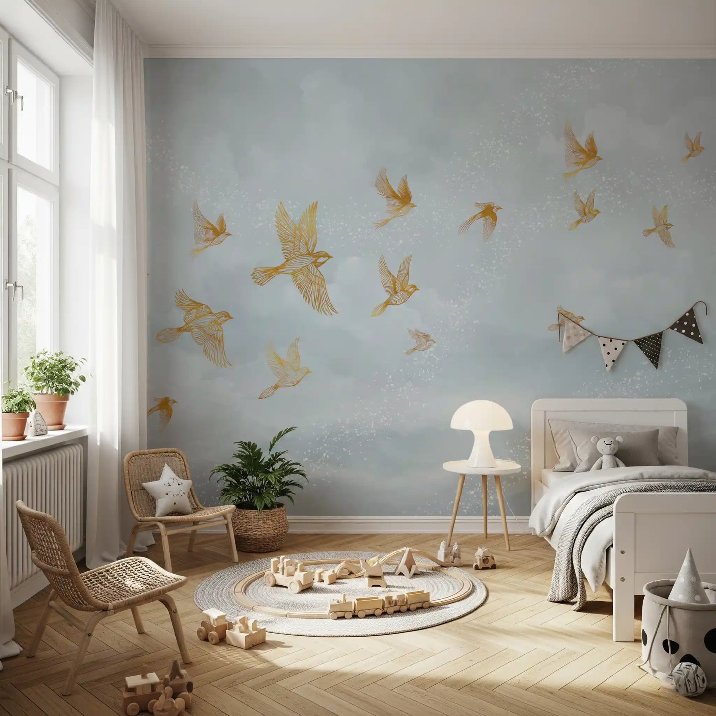 Golden Avian Flight in Misty Clouds Wall Mural