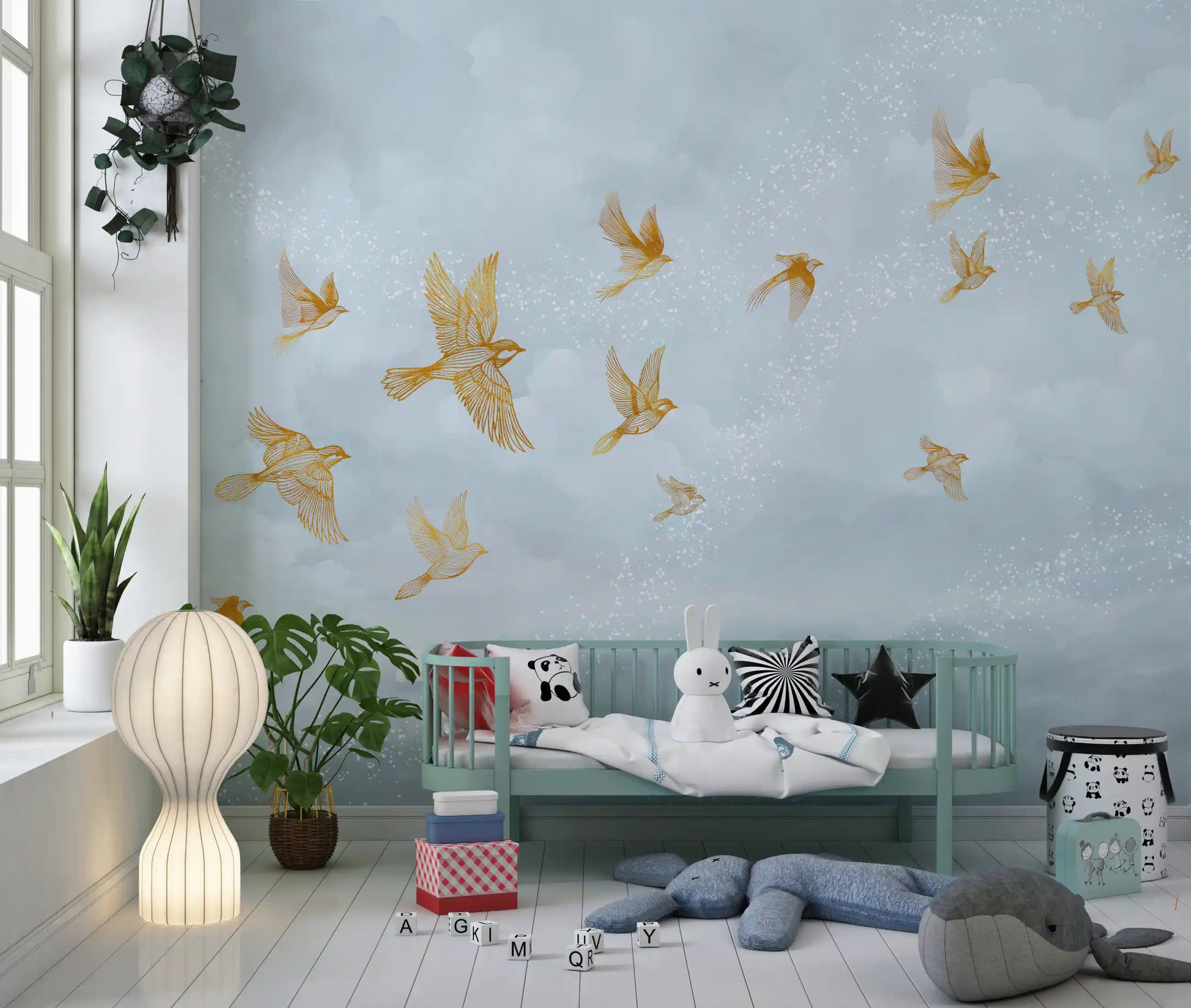 Golden Avian Flight in Misty Clouds Wall Mural
