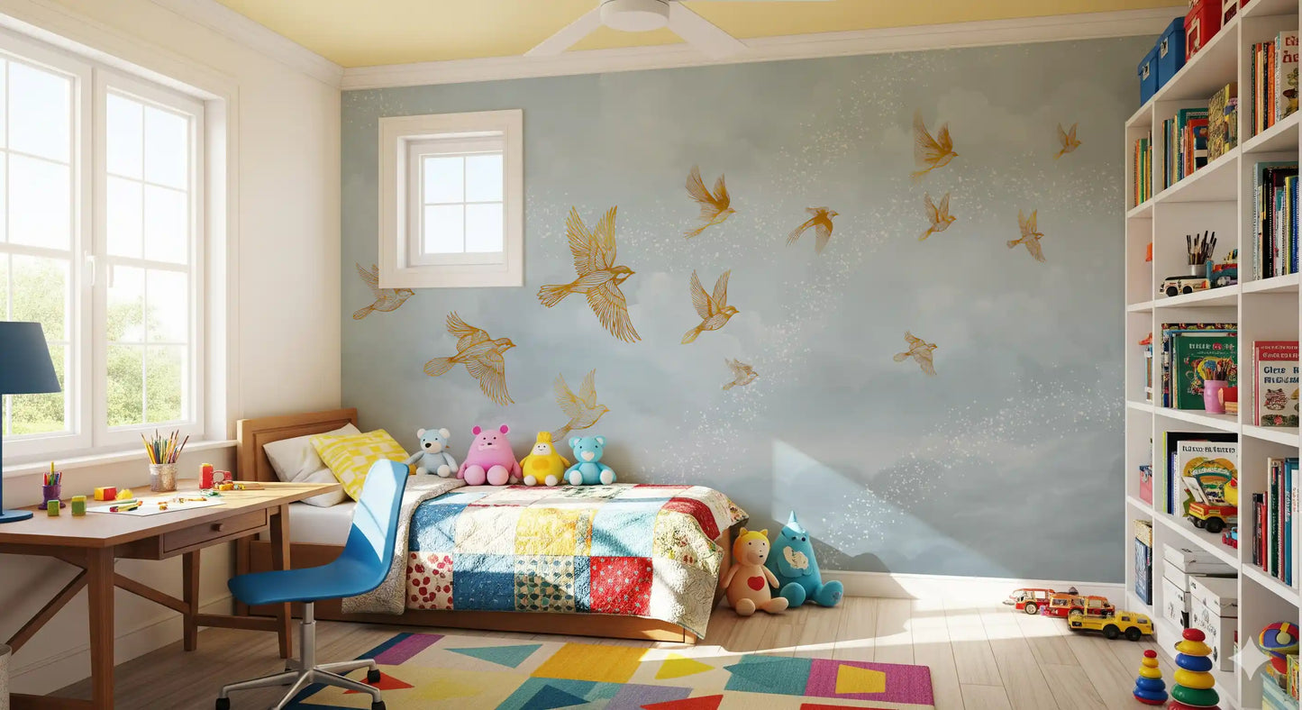 Golden Avian Flight in Misty Clouds Wall Mural