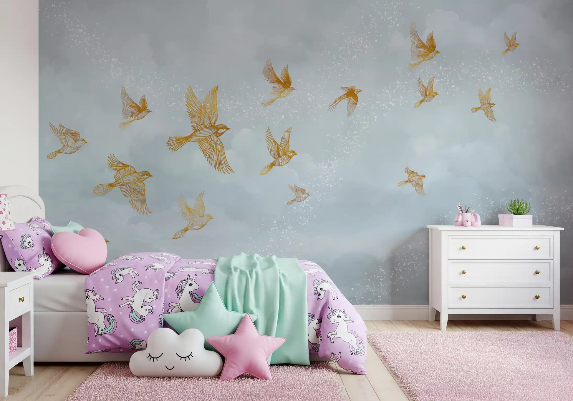 Golden Avian Flight in Misty Clouds Wall Mural