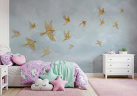 Golden Avian Flight in Misty Clouds Wall Mural