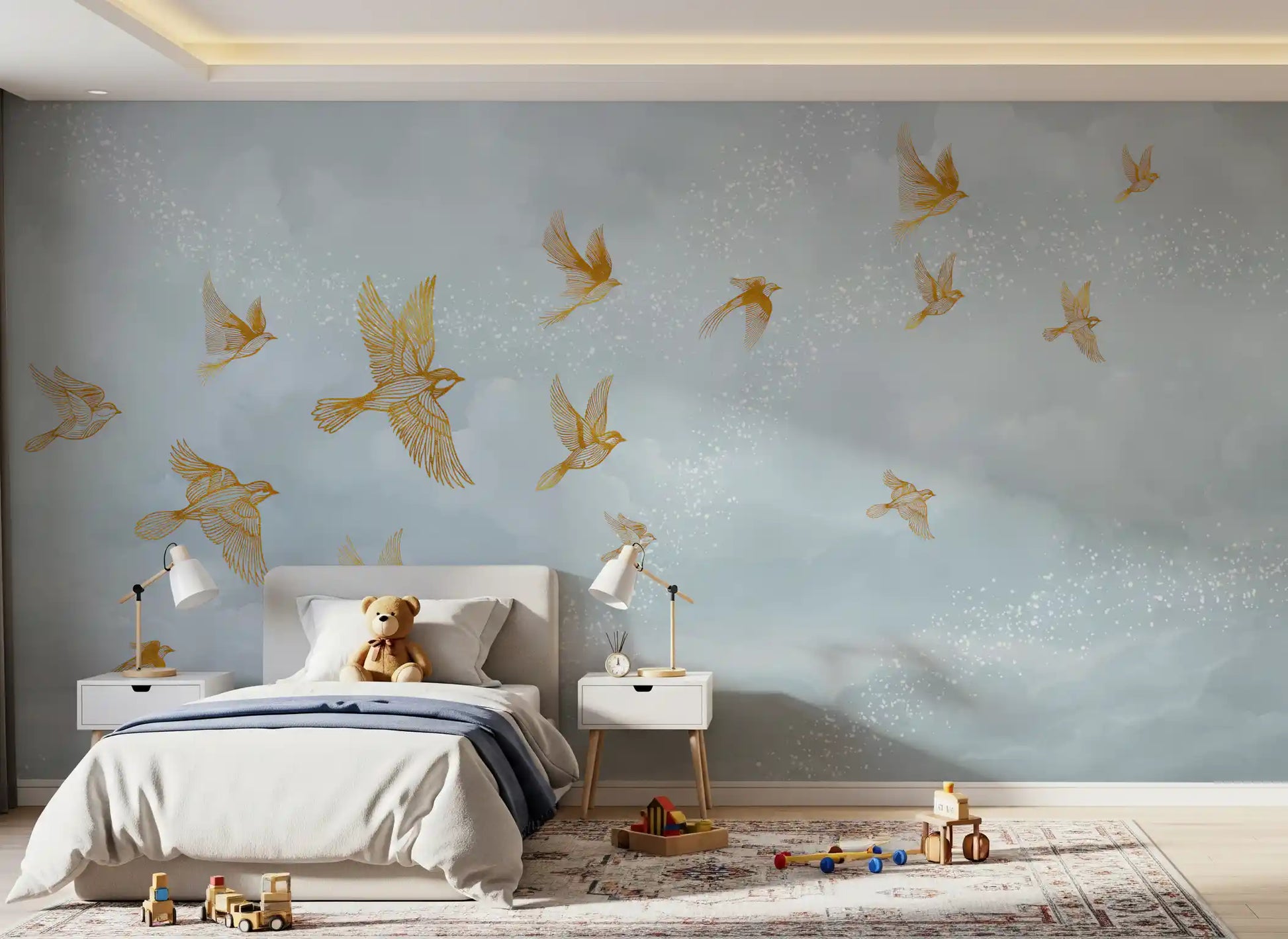 Golden Avian Flight in Misty Clouds Wall Mural