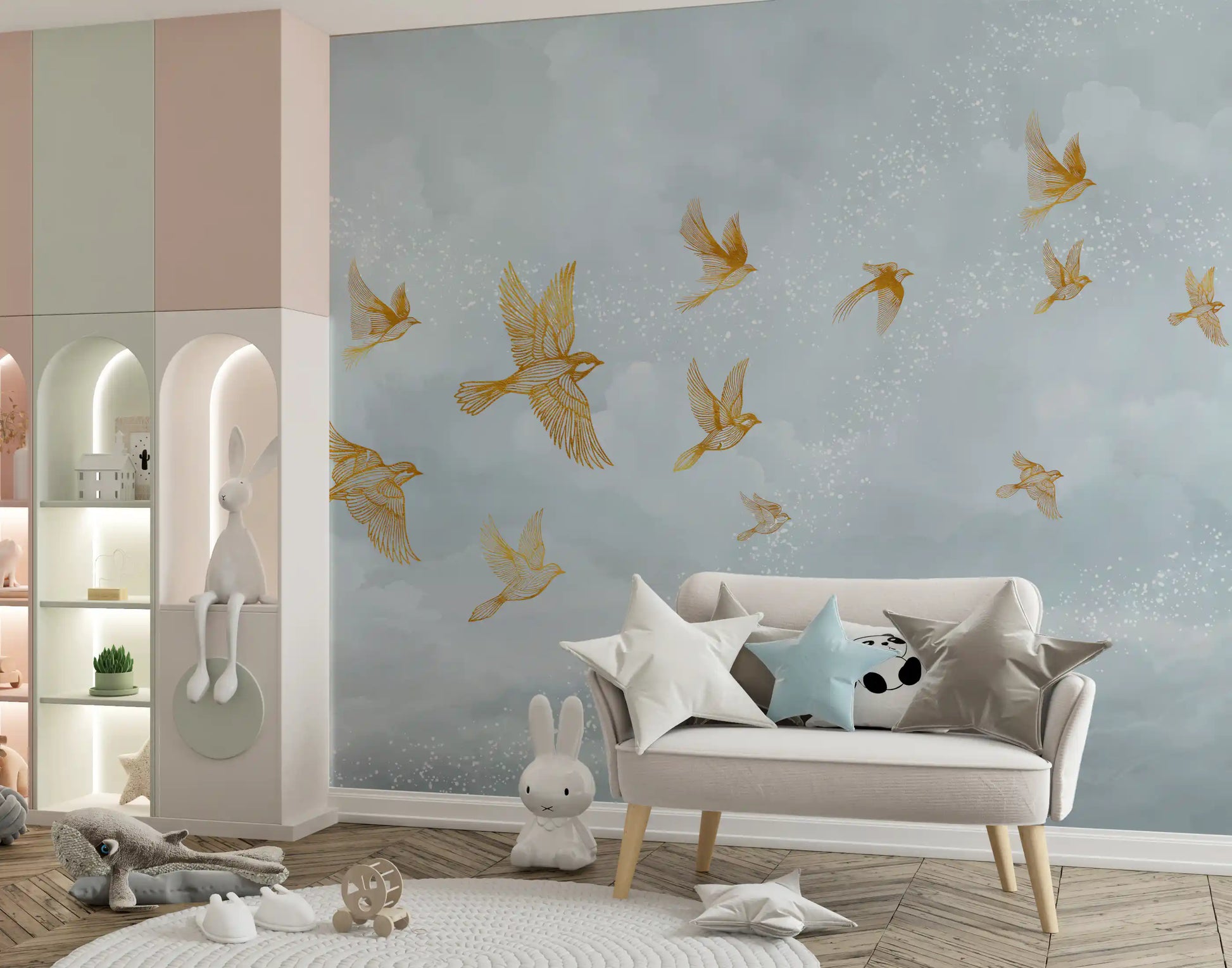 Golden Avian Flight in Misty Clouds Wall Mural