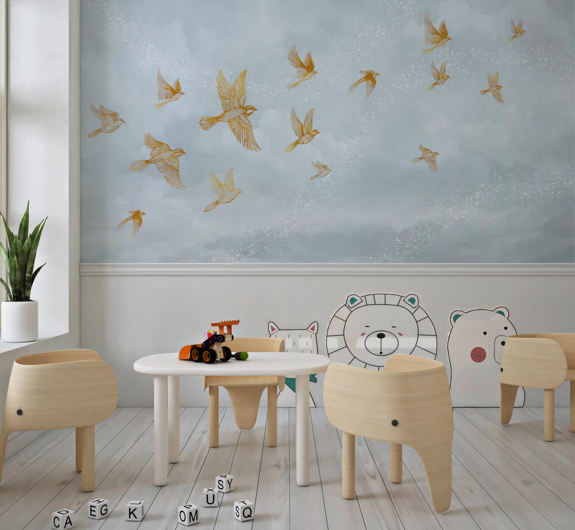 Golden Avian Flight in Misty Clouds Wall Mural