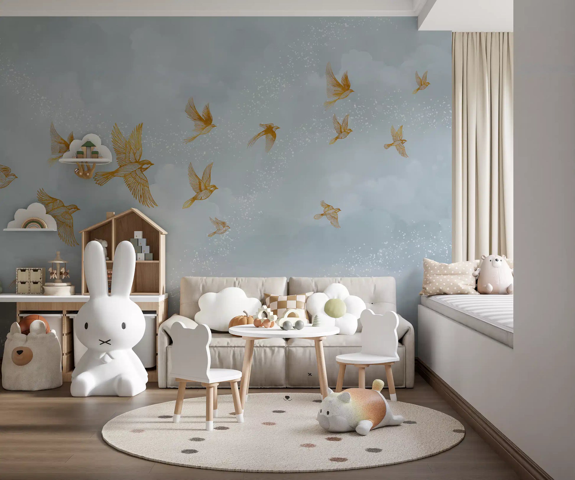 Golden Avian Flight in Misty Clouds Wall Mural