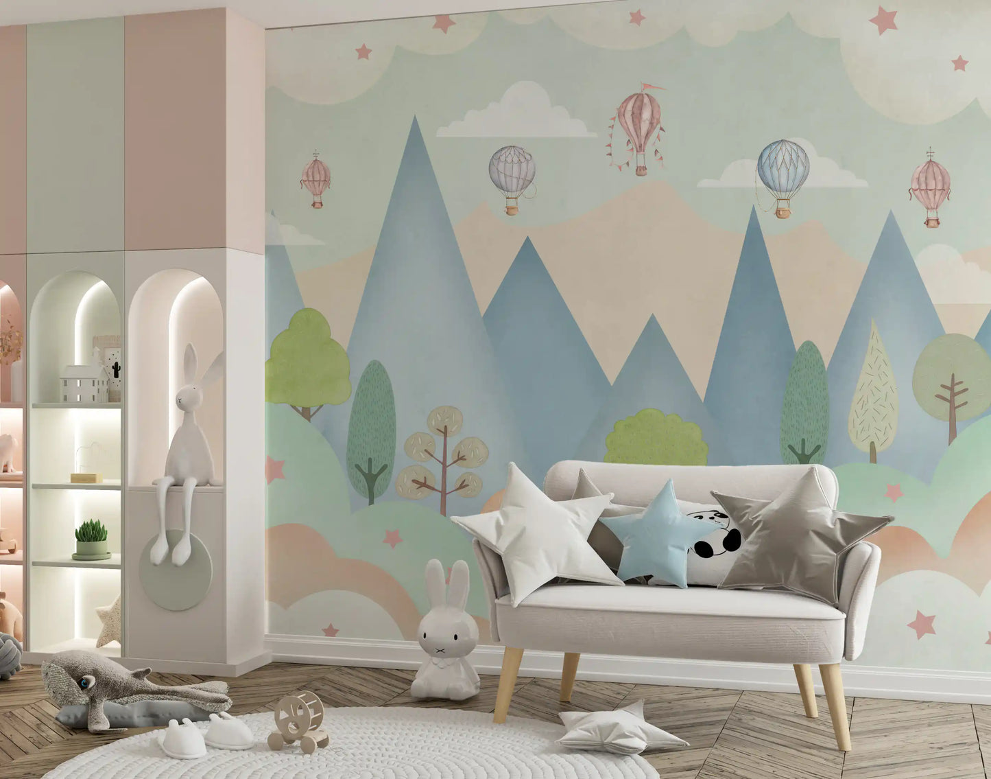 Dreamy Hot Air Balloon Mountain Adventure Wall Mural