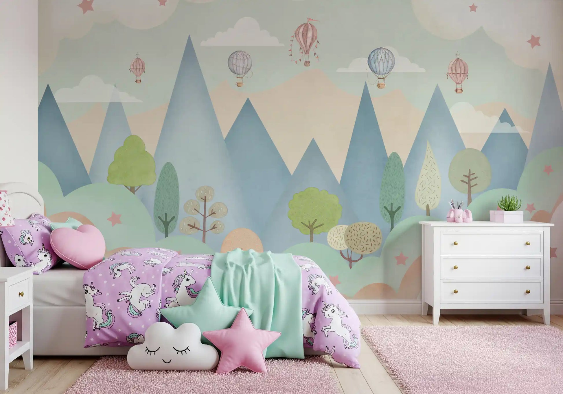 Dreamy Hot Air Balloon Mountain Adventure Wall Mural