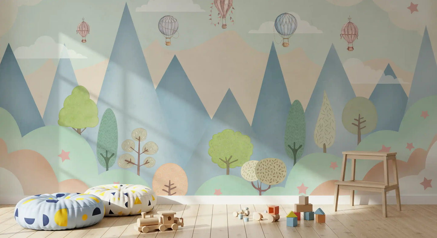 Dreamy Hot Air Balloon Mountain Adventure Wall Mural