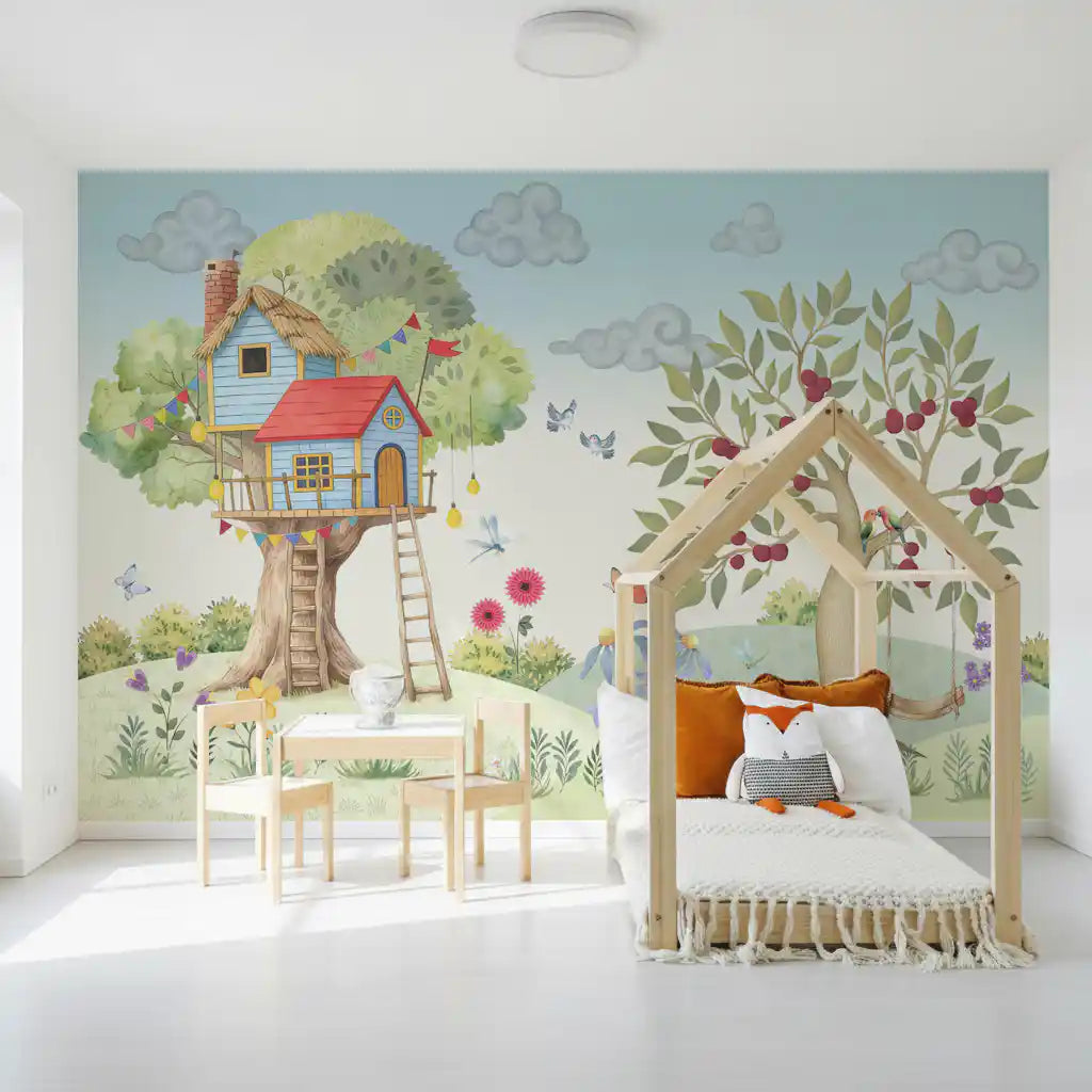 Treehouse garden kids mural in a bedroom with a house-frame bed GD12195