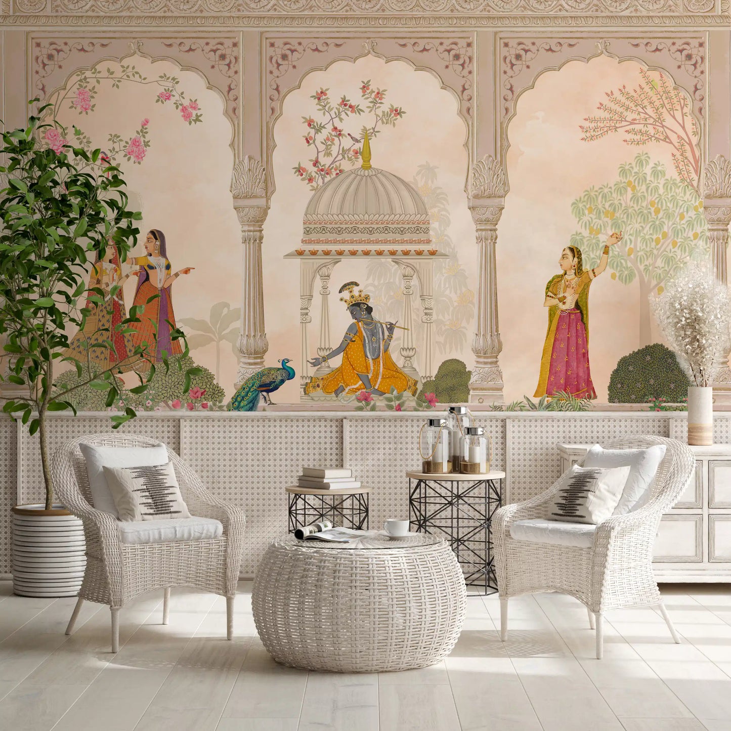 Krishna and Gopis Traditional Indian Court Scene Wall Mural