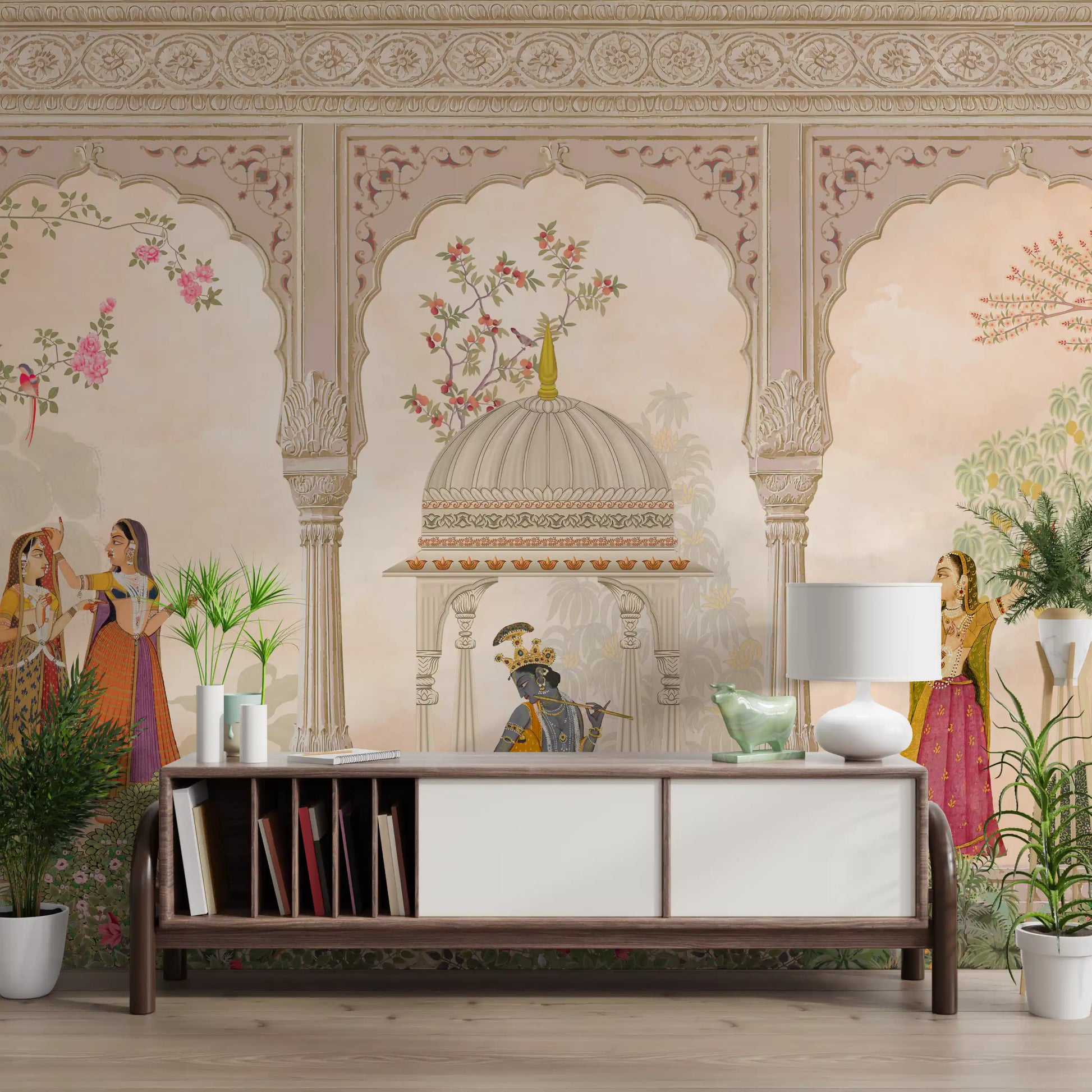 Krishna and Gopis Traditional Indian Court Scene Wall Mural