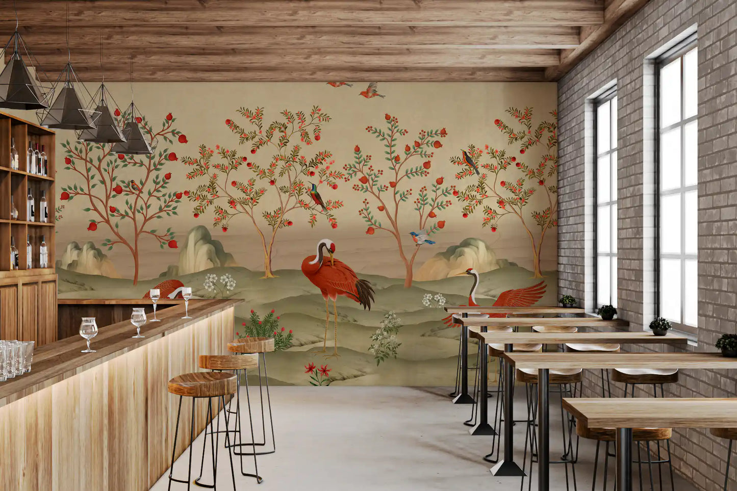 Crimson Cranes in Pomegranate Grove Wall Mural