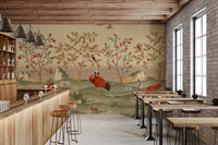Crimson Cranes in Pomegranate Grove Wall Mural