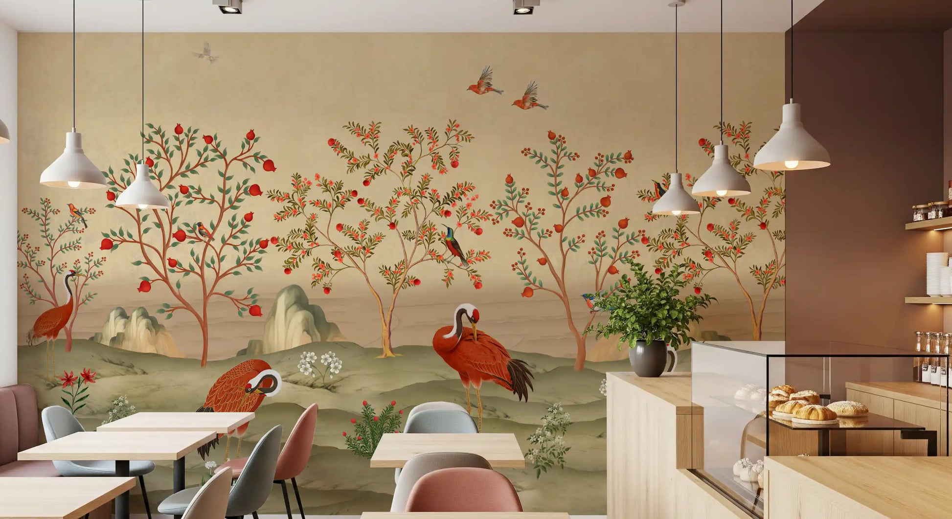 Crimson Cranes in Pomegranate Grove Wall Mural
