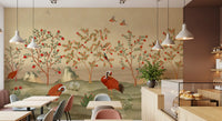 Crimson Cranes in Pomegranate Grove Wall Mural